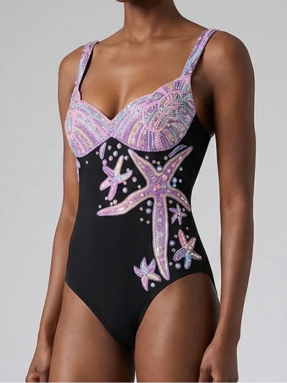 Oceanus goddess new Black One-Piece Swimsuit with Pink Beaded Starfish Accents